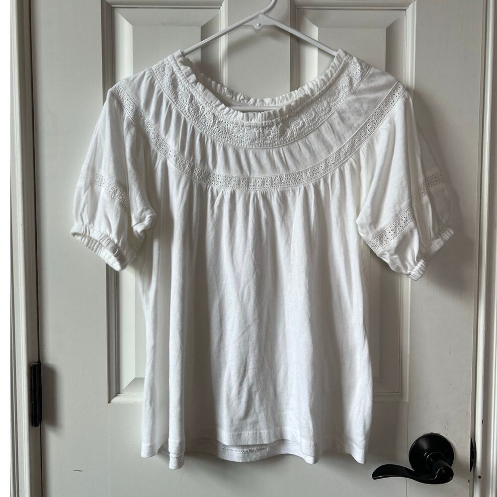 LOFT Petite White Smocked Eyelet Lace Blouse Top Coquette Short Sleeve Cotton XS